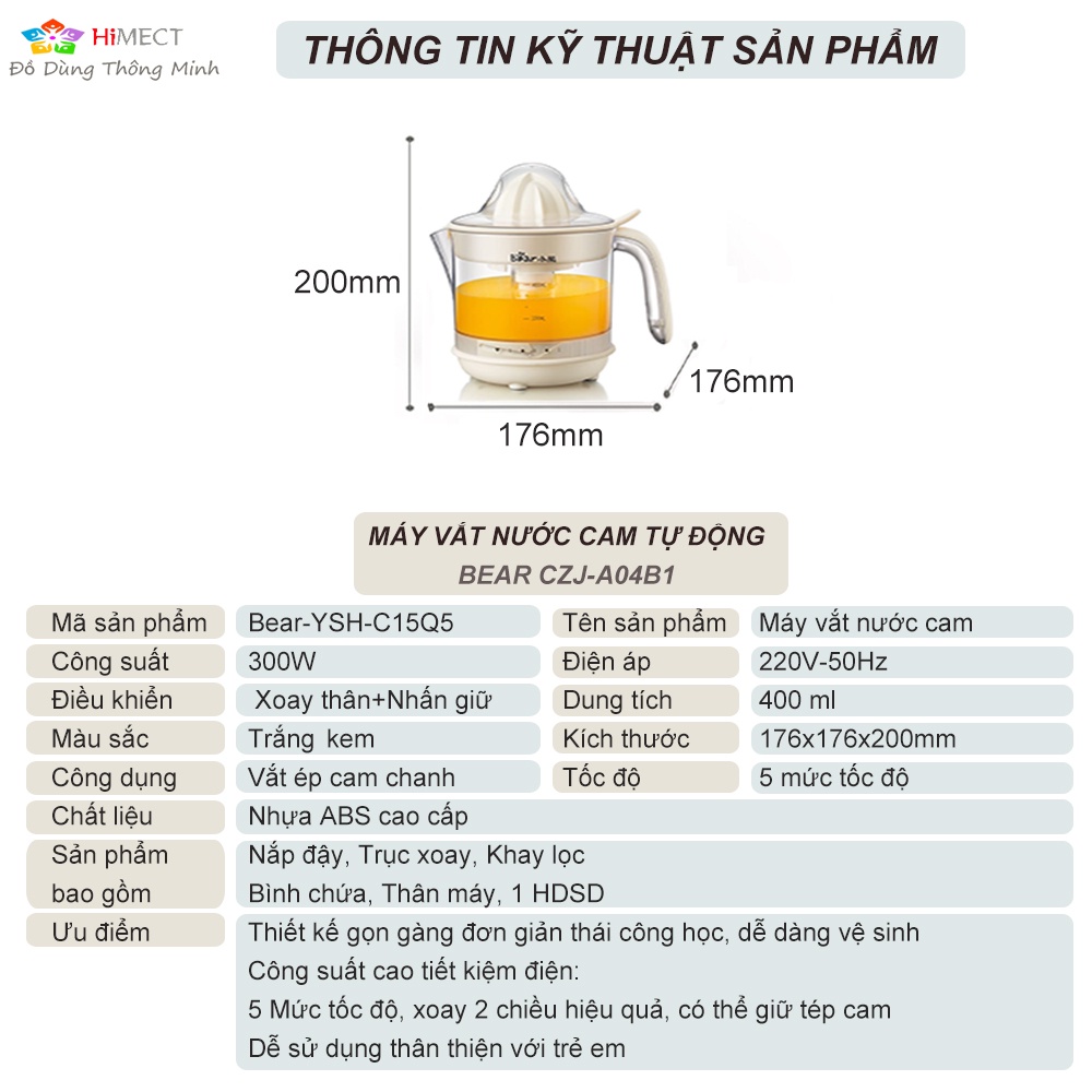 Máy vắt cam tự động đẹp nhỏ gọn tiện dụng nhiều chế độ vắt khác nhau nguyên tép không đắng Bear CZJ-A04B1- HiMect