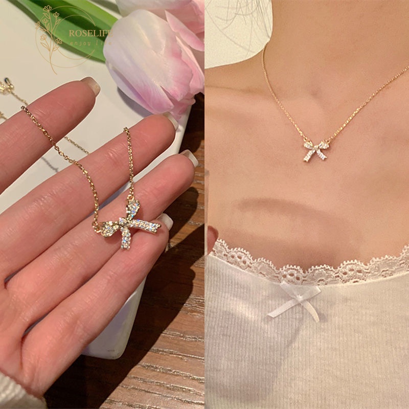 Vòng cổ dây xích vàng mặt hình nơ đính pha lê lấp lánh kiểu Hàn cổ điển cho nữ