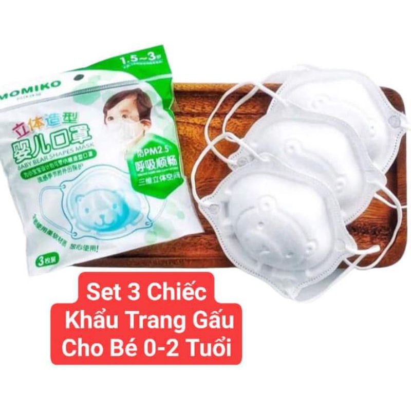 Set 3 chiếc khẩu trang gấu MOMIKO trẻ em 3D cho bé 0-3 tuổi