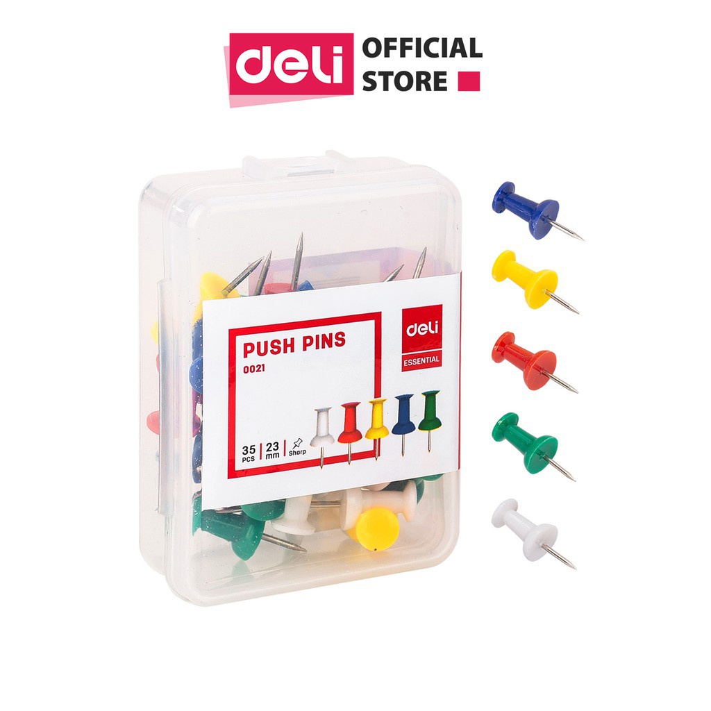 Set 70 chiếc đinh ghim bảng nỉ, gỗ bần mũ nhựa Deli - Cài tranh ảnh, giấy note, stiker, tài liệu đóng túi - E0022