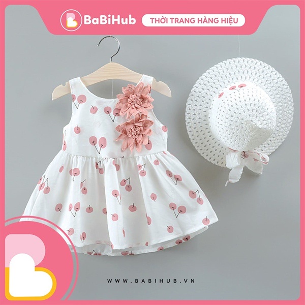 Đầm cho bé gái kèm mũ đính hoa, Váy cho bé gái 0-2 tuổi chất cotton mềm dáng xòe họa tiết cherry đáng yêu_20040981