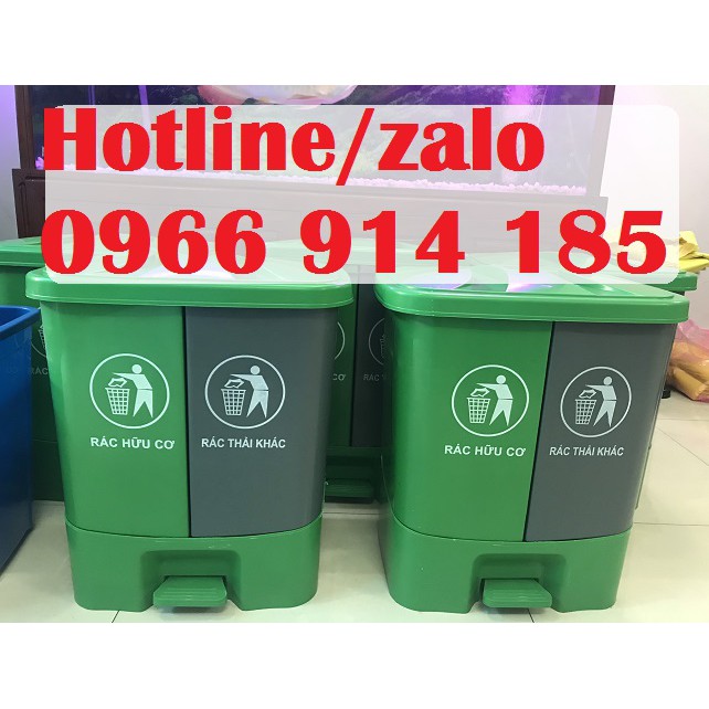 Thùng đựng rác 2 ngăn phân loại xanh xám, thùng rác nhựa HDPE