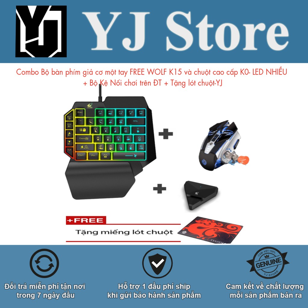 Combo Bộ bàn phím giả cơ FREE WOLF K15 và chuột cao cấp G0 LED Đa Màu + Bộ Kệ Nối chơi trên ĐT + Tặng lót chuột-YJ