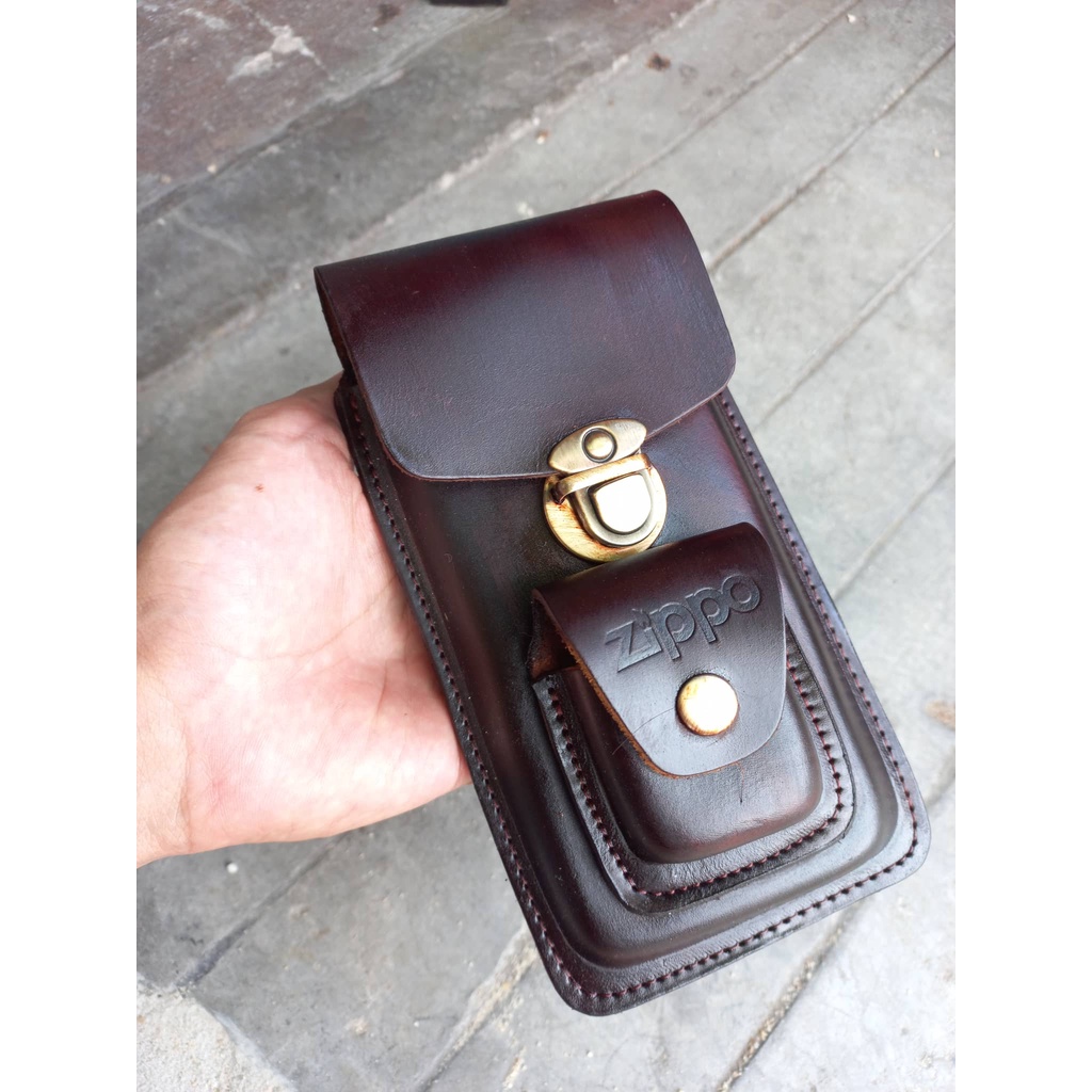 Bao da đựng điện thoại đeo thắt lưng da bò 1 lớp kèm bao da zippo