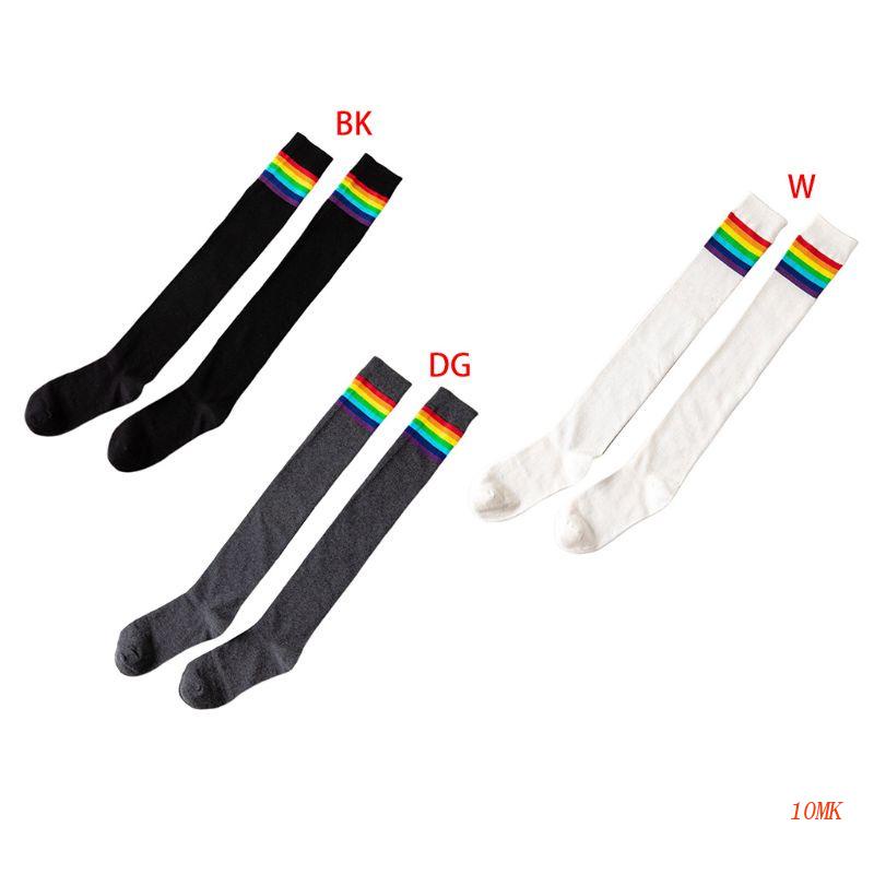 Vớ Dài Qua Gối 10MK Họa Tiết Sọc Cầu Vồng Sáng Phong Cách Preppy Nhật Bản Cho Nữ Sinh