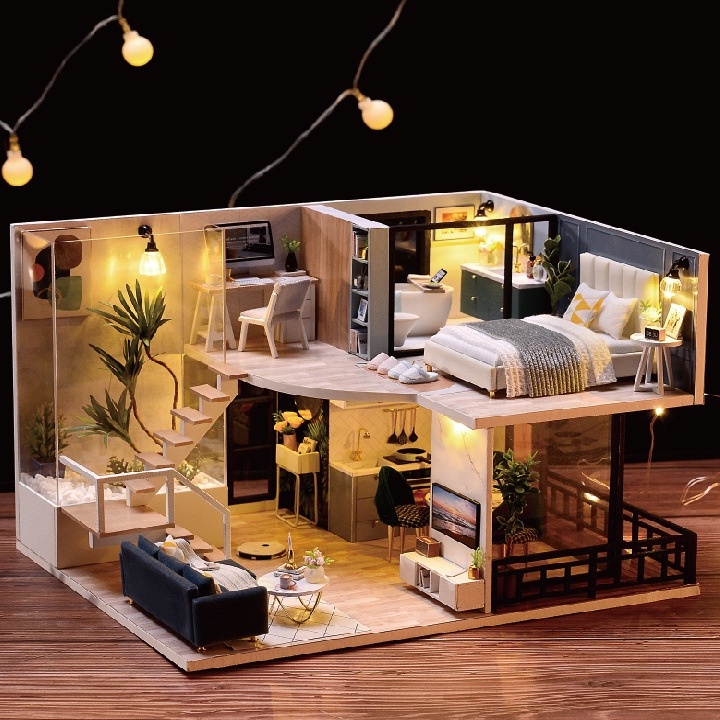 Mô hình nhà búp bê tự làm DIY Dollhouse_ THE SATISFIED TIME_Tặng TẤM CHE BỤI + KEO