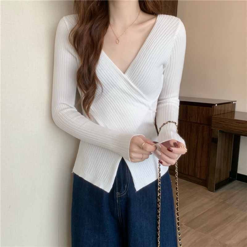 COZOK Áo sweater Tay Dài Cổ Chữ V Dáng Ôm Xẻ Tà Quyến Rũ Trẻ Trung