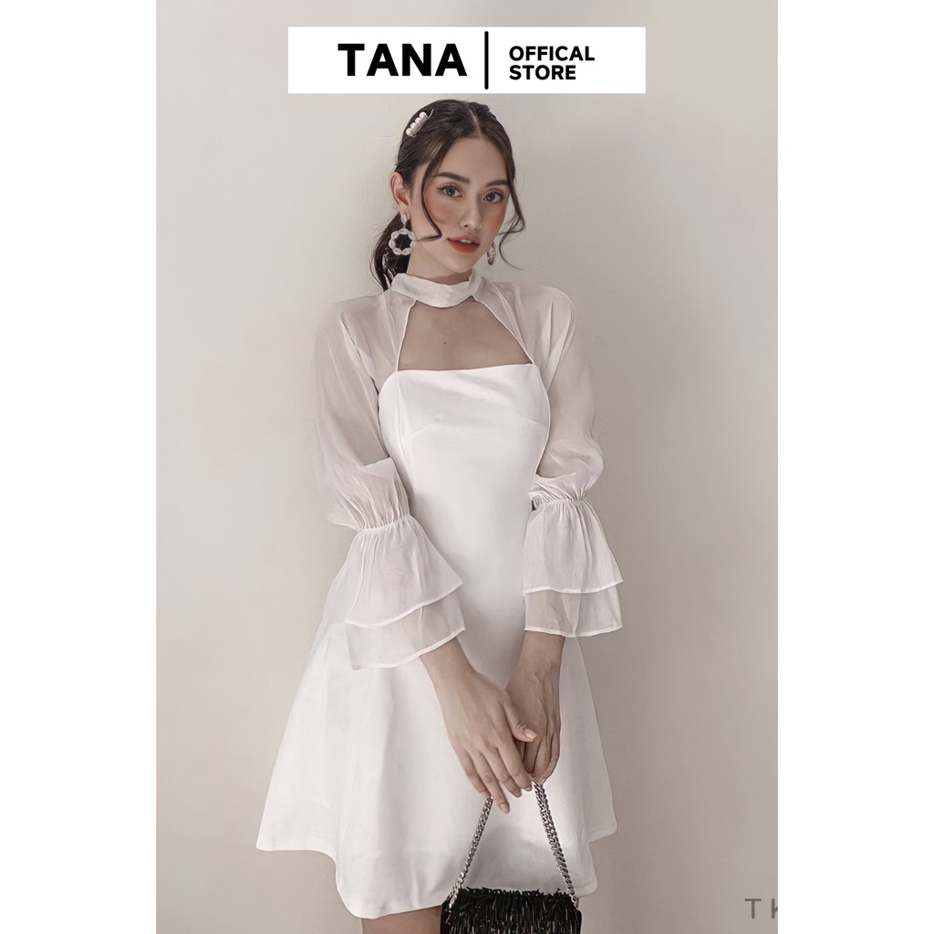 Váy đi tiệc váy tay xòe vải Cotton phối voan 2 màu Đen và Trắng TANA D0025