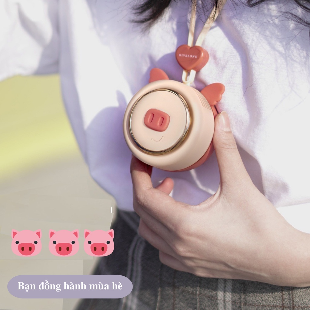 Quạt mini đeo cổ tiện lợi quạt mini sạc pin USB nhỏ gọn mang đi du lịch, hình heo gấu ngộ nghĩnh thời trang