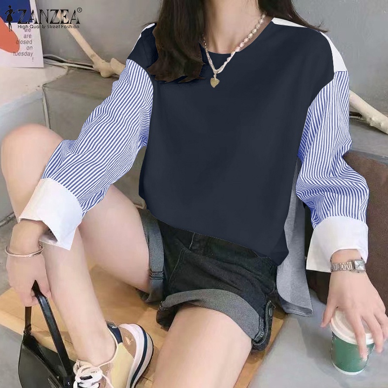 Áo sơ mi ZANZEA tay dài cổ tròn họa tiết kẻ sọc thời trang cho nữ