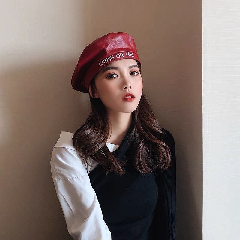 Nón beret crush on you đỏ đen - Mũ nồi phong cách Hàn - Maben