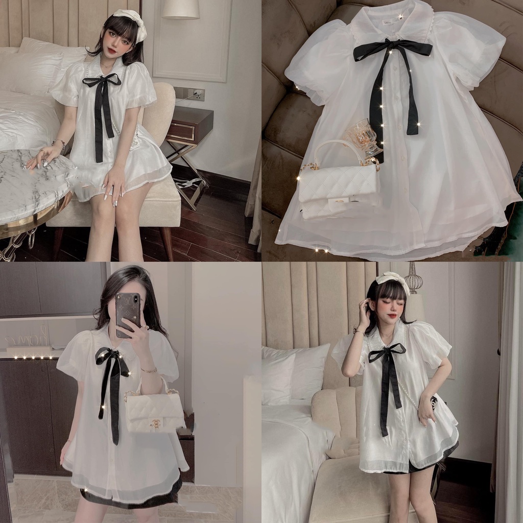 Áo sơ mi babydoll viền ren thắt nơ, sơ mi dáng xòe tay bồng freesize LP5