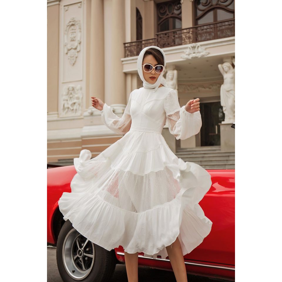 [Mã SKAMSALEP6 giảm 10% tối đa 100K đơn 150K] SÒ VINTAGE - DEVONA Đầm xô phối ren lưới tay phồng