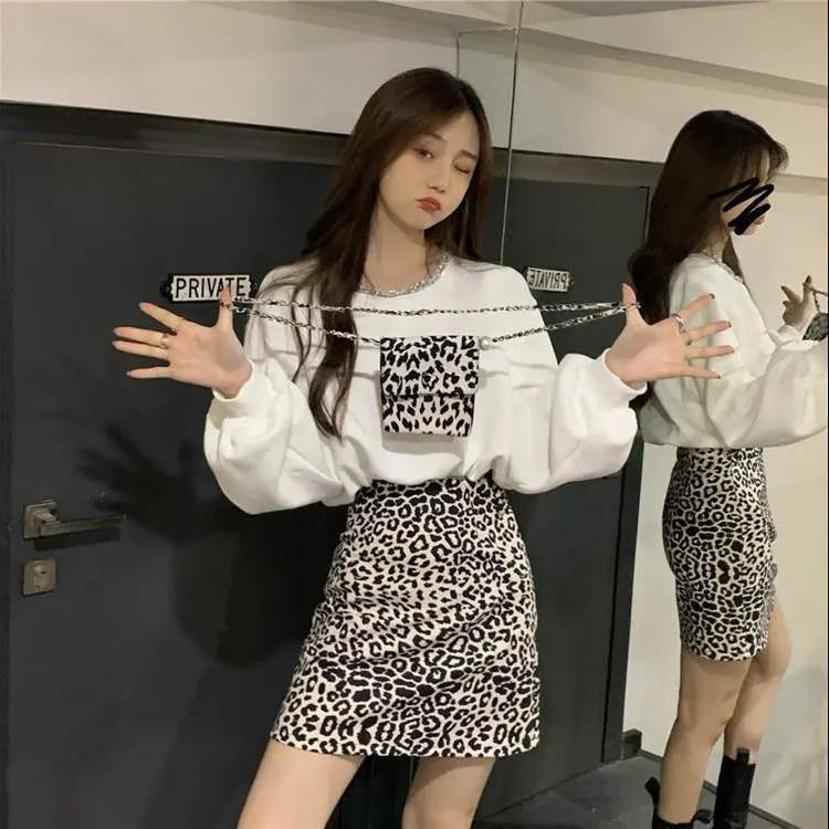 COZOK Set áo thun ngắn tay + chân váy họa tiết da báo thời trang nữ