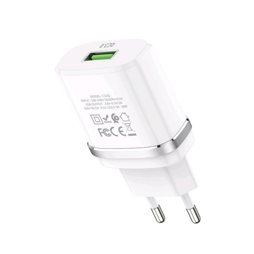 Củ sạc nhanh Hoco C12Q dòng 18W, QC3.0, 2 màu đen trắng
