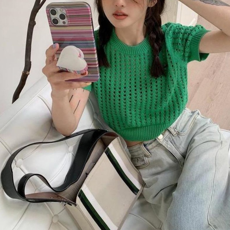 Áo Croptop Dệt Kim Tay Ngắn Cổ Tròn Màu Trơn Thời Trang Mùa Hè Cho Nữ