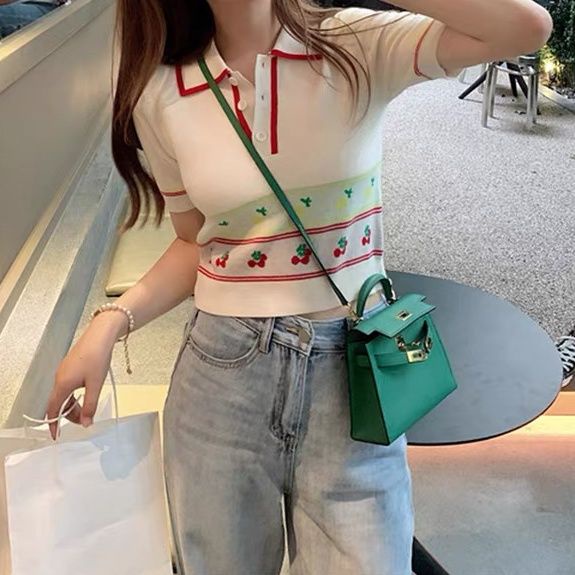 Áo Dệt Kim Tay Ngắn Cổ Bẻ Phong Cách Retro Dành Cho Nữ