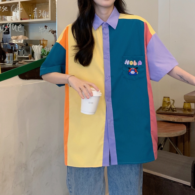 Áo sơ mi ZHELIHANGFEI ngắn tay cổ polo dáng rộng theo phong cách Preppy dễ phối đồ