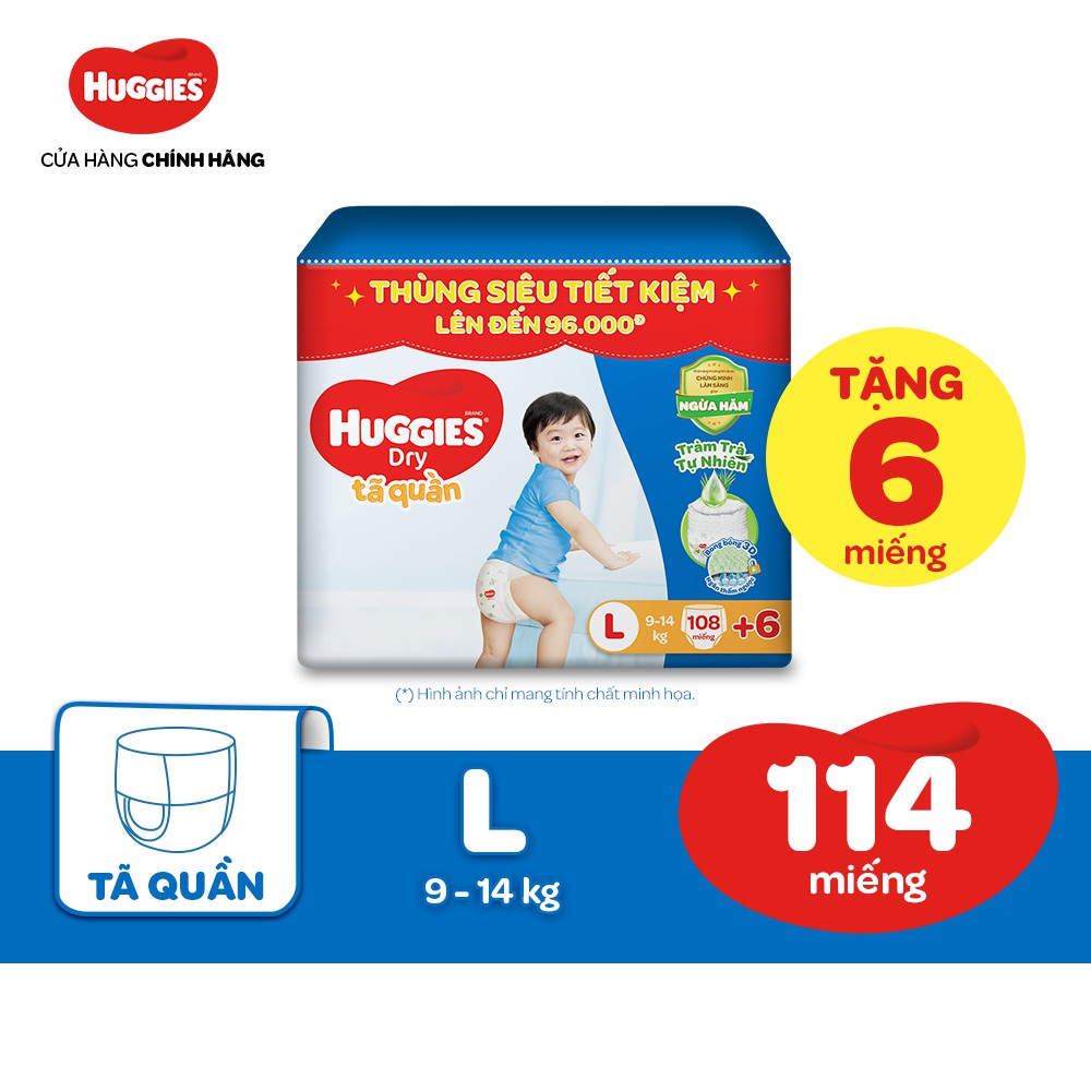 Tã quần Tràm Trà Tự Nhiên HUGGIES DRY PANTS MEGA JUMBO M120/L108 + Tặng 6 miếng/ XL96/ XXL84