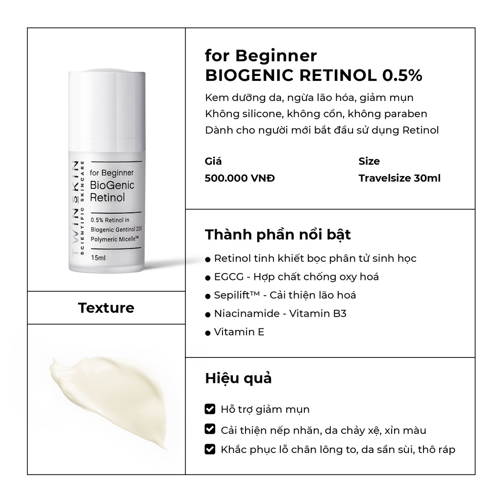 Biogenic Retinol Twins Skin 0.5% For Beginner – Kem Dưỡng Da, Ngừa Lão Hóa, Giảm Mụn Travel Size 15ml