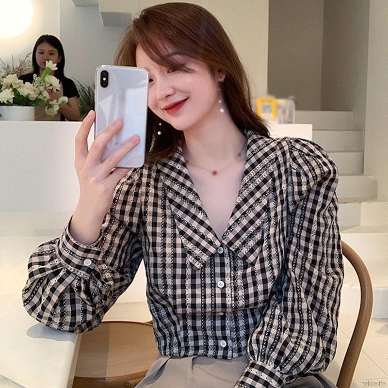 Áo Sơ Mi Ca Rô Ngắn Tay Cổ Búp Bê Xinh Xắn Dễ Thương Dành Cho Nữ
