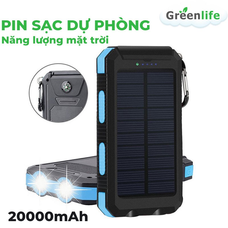Pin sạc dự phòng năng lượng mặt trời 20000 mAh sạc pin nhanh chóng hàng chính hãng chống nước, có đèn led siêu sáng