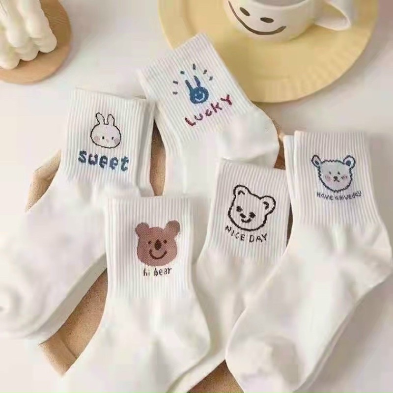 Set 10 đôi tất trắng in hình gấu thỏ cute