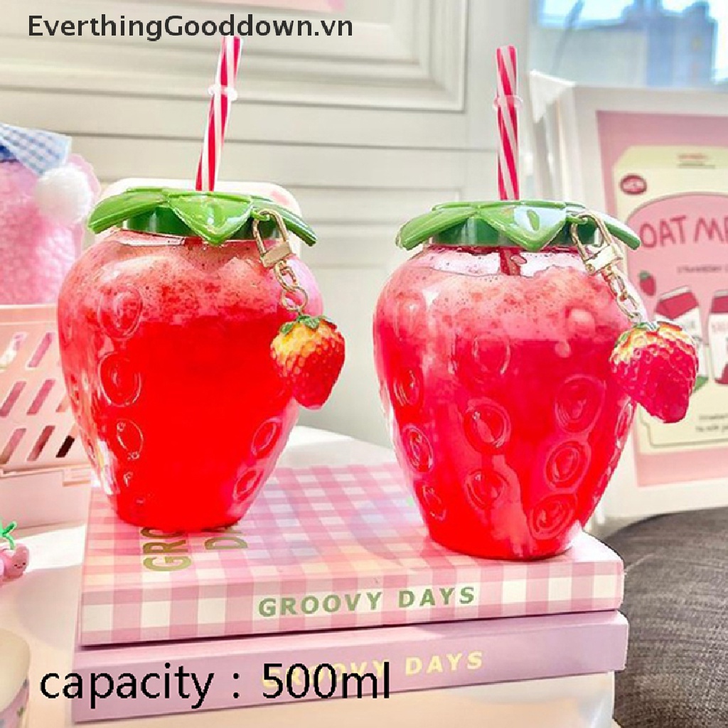 Everthinggooddown Bình Uống Nước 500ml Có Ống Hút Hình Trái Dâu Dễ Thương