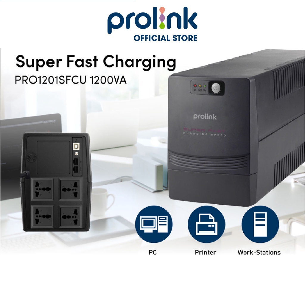 Bộ lưu điện UPS PROLINK PRO1201SFC (1200VA) công suất 600W, tích hợp bộ AVR, sạc siêu nhanh, dùng cho PC, Camera, Wifi