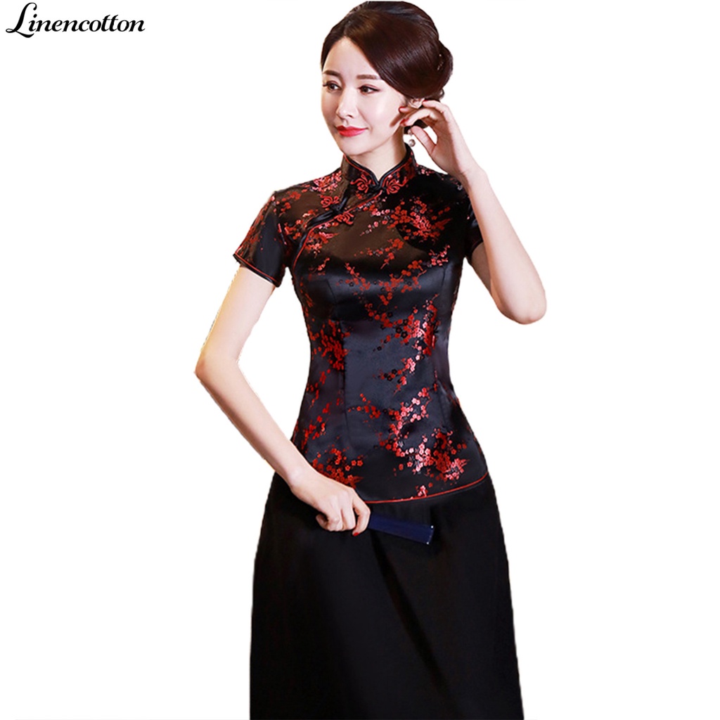 Áo kiểu sườn xám vải cotton lanh cổ đứng phối khuy gài phong cách Trung Hoa dành cho bạn nữ