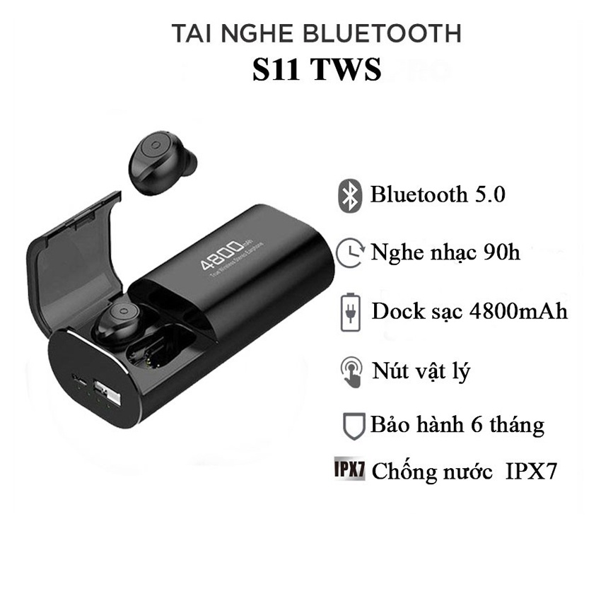 [Tai nghe Bluetooth S11] tai nghe không dây kiêm sạc dự phòng 4800mAh chống nướcIPX5, chống ồn, b.hành 1 Năm Tại Hatisop