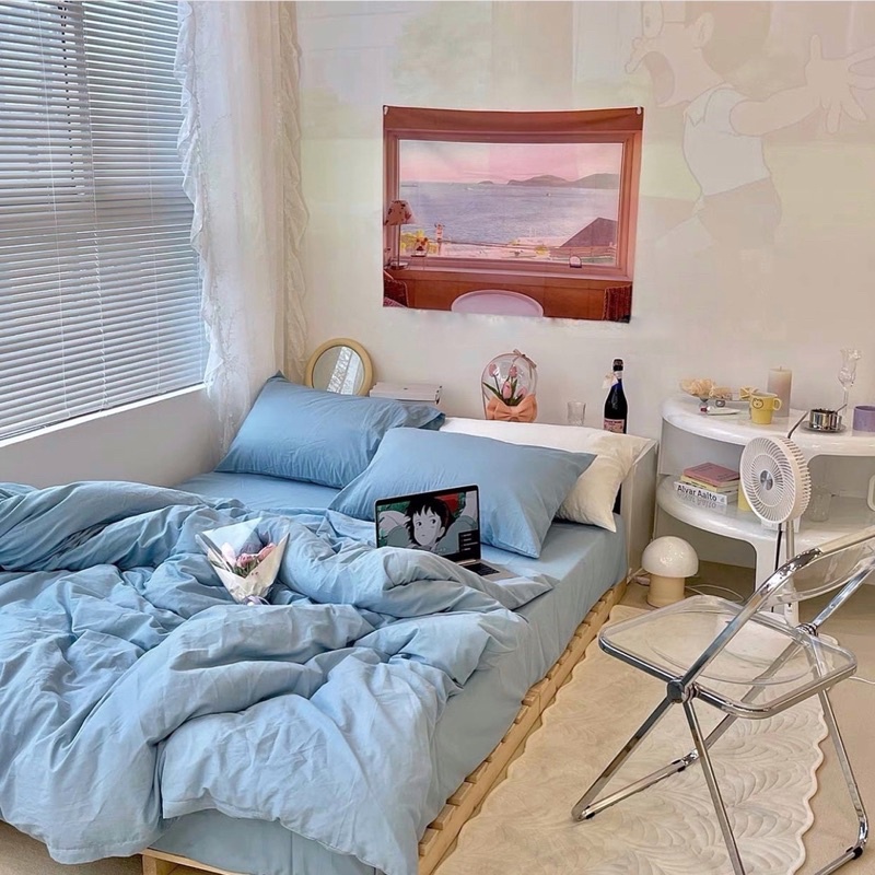 Bộ chăn ga gối cotton đũi: xanh biển | BigBuy360 - bigbuy360.vn