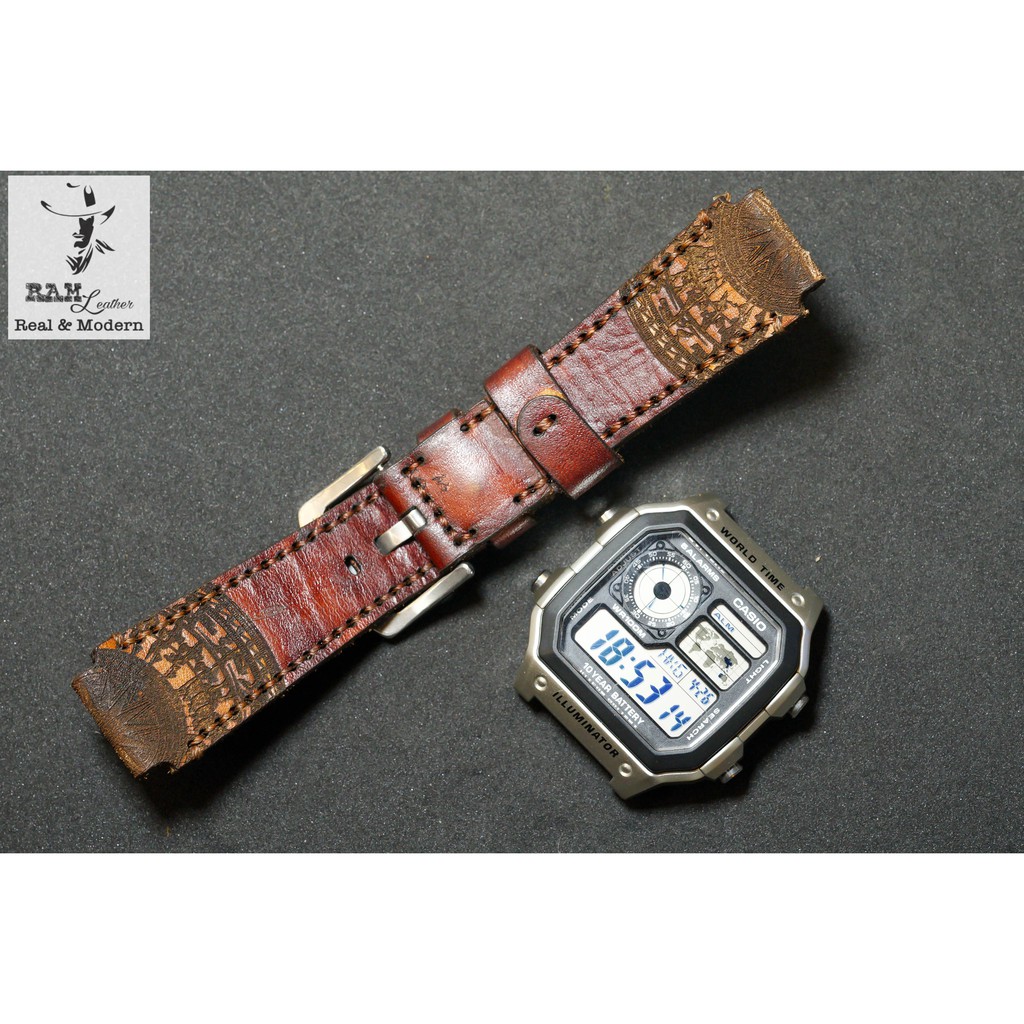 Dây đồng hồ RAM Leather Trống đồng cho CASIO 1200, AE 1200, 1300, 1100, A159 , A168 , Size 18 da bò vegtan mahogany