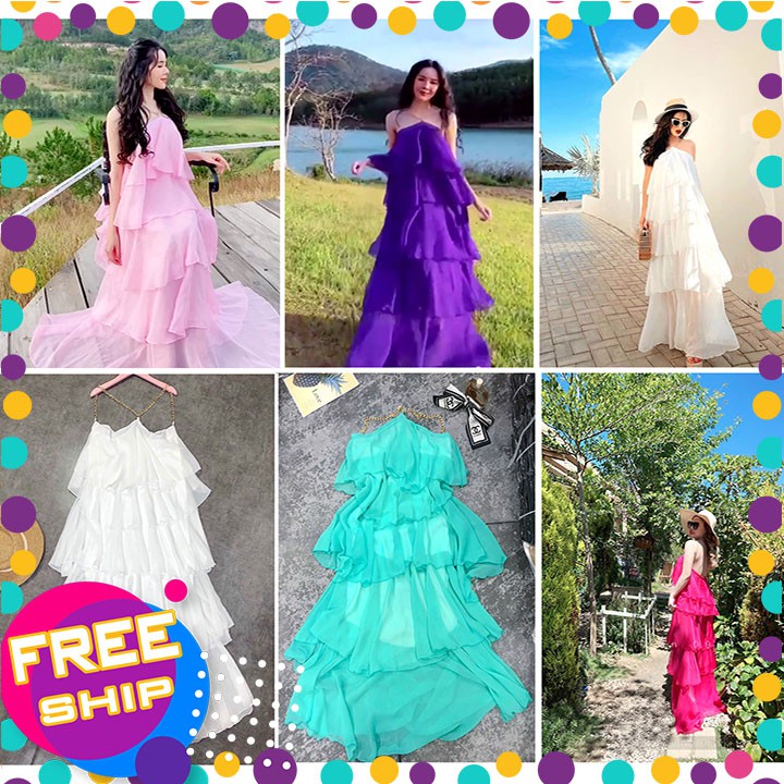 💥 SIÊU HÓT 💥 Đầm Maxi hai dây xích hoặc cổ hoa đi biển dáng dài xếp tầng Váy dự tiệt du lịch yếm xích 5 tầng hở vai | BigBuy360 - bigbuy360.vn