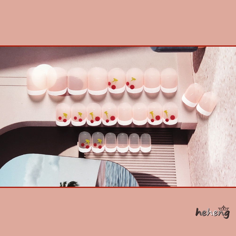 Set 24 Móng Tay Giả In Họa Tiết Trái Cherry Xinh Xắn Kèm Keo Dán