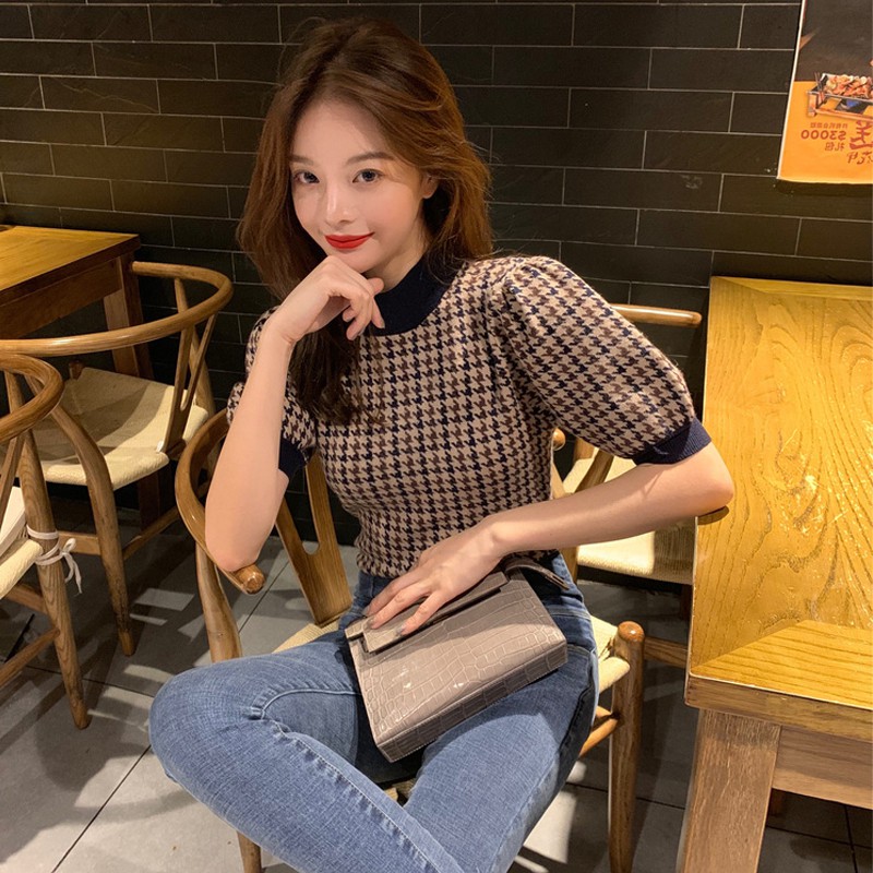 Áo kiểu tay ngắn dáng ôm hoạ tiết Houndstooth phong cách Hàn Quốc