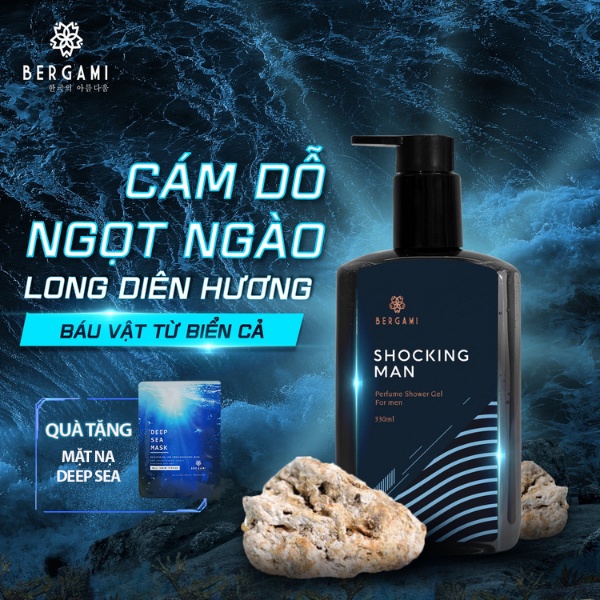 [Tặng mặt nạ giấy] Sữa tắm nước hoa nam Bergami Shocking Man - Lưu hương 12h - Hương nước hoa Pháp