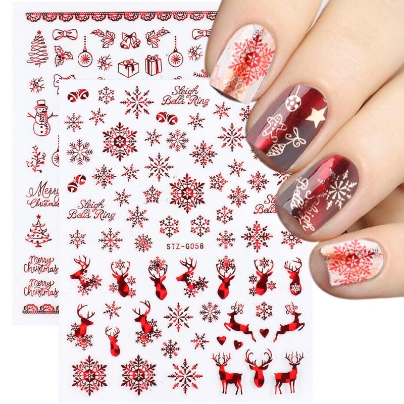 Sticker Noel dán móng-hình dán nail bông tuyết Giáng sinh màu đỏ