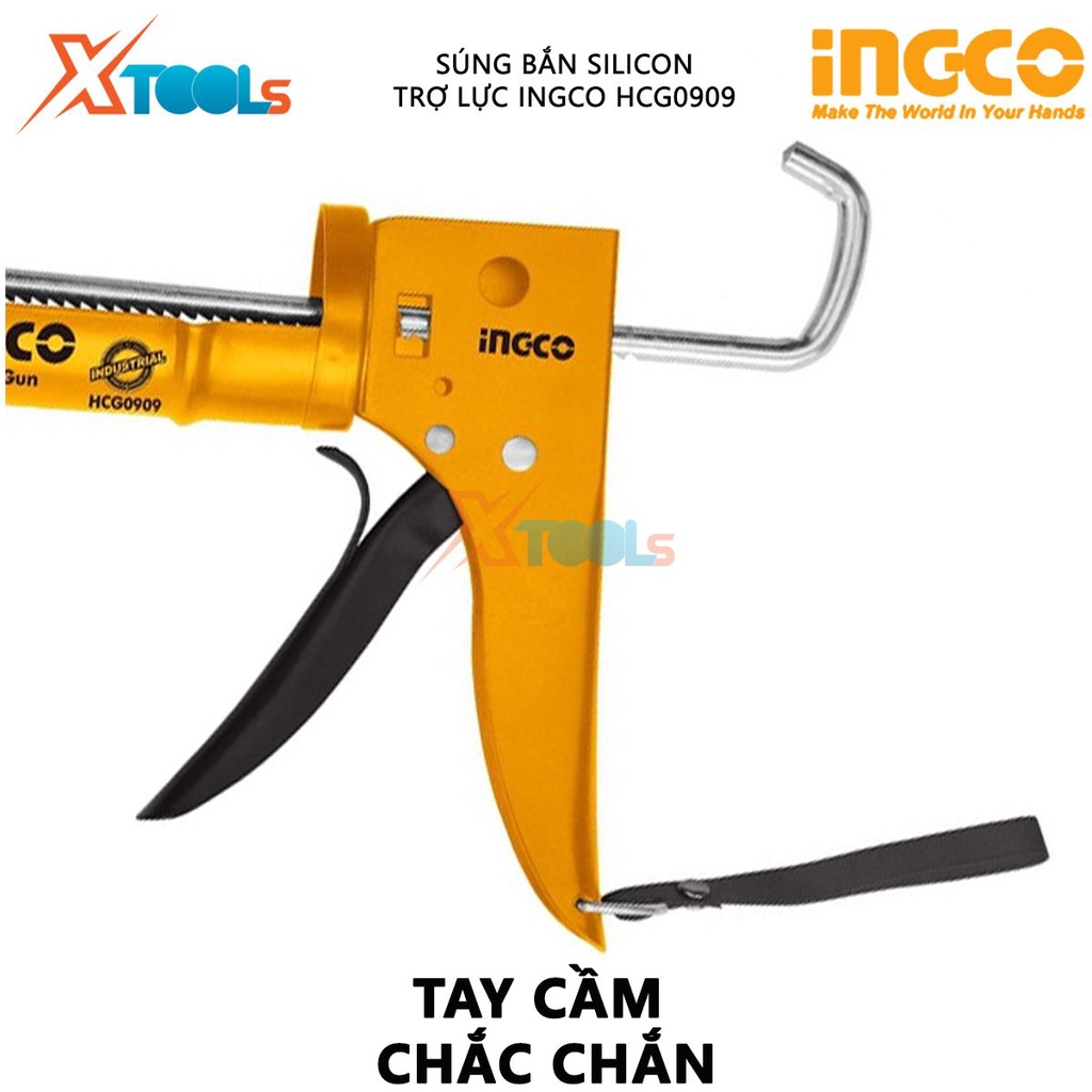 Súng bắn silicon có trợ lực INGCO HCG0909 | dụng cụ bơm silicon Kích thước 9"