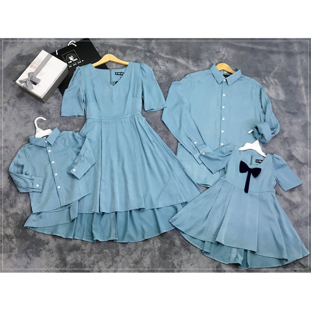 Set Sơ Mi Váy Gia Đình FIGTREE Màu Xanh Mint Đi Dự Tiệc Siêu Sang Chảnh