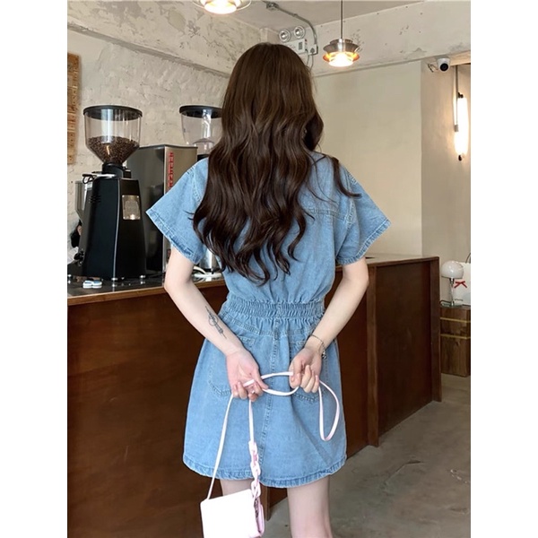Jum váy jean tay ngắn dáng ngắn