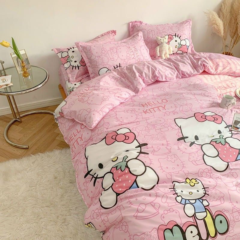 Sét chăn ga gối cottong poly mèo hello kitty