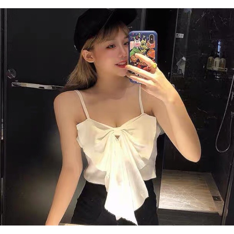 Áo croptop nơ 2 dây kết hợp với áo khoác dài tay (có hình thật từ shop Trung)