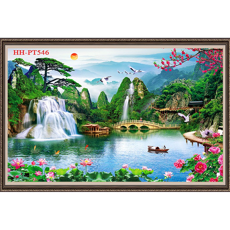 Tranh Nhựa PP  Dán tường 3D , Phong Cảnh Sơn Thủy Hữu Tình ,Có Keo Sẵn Lột Ra Là Dán , Ngang 1m25 , Cao 0,8m