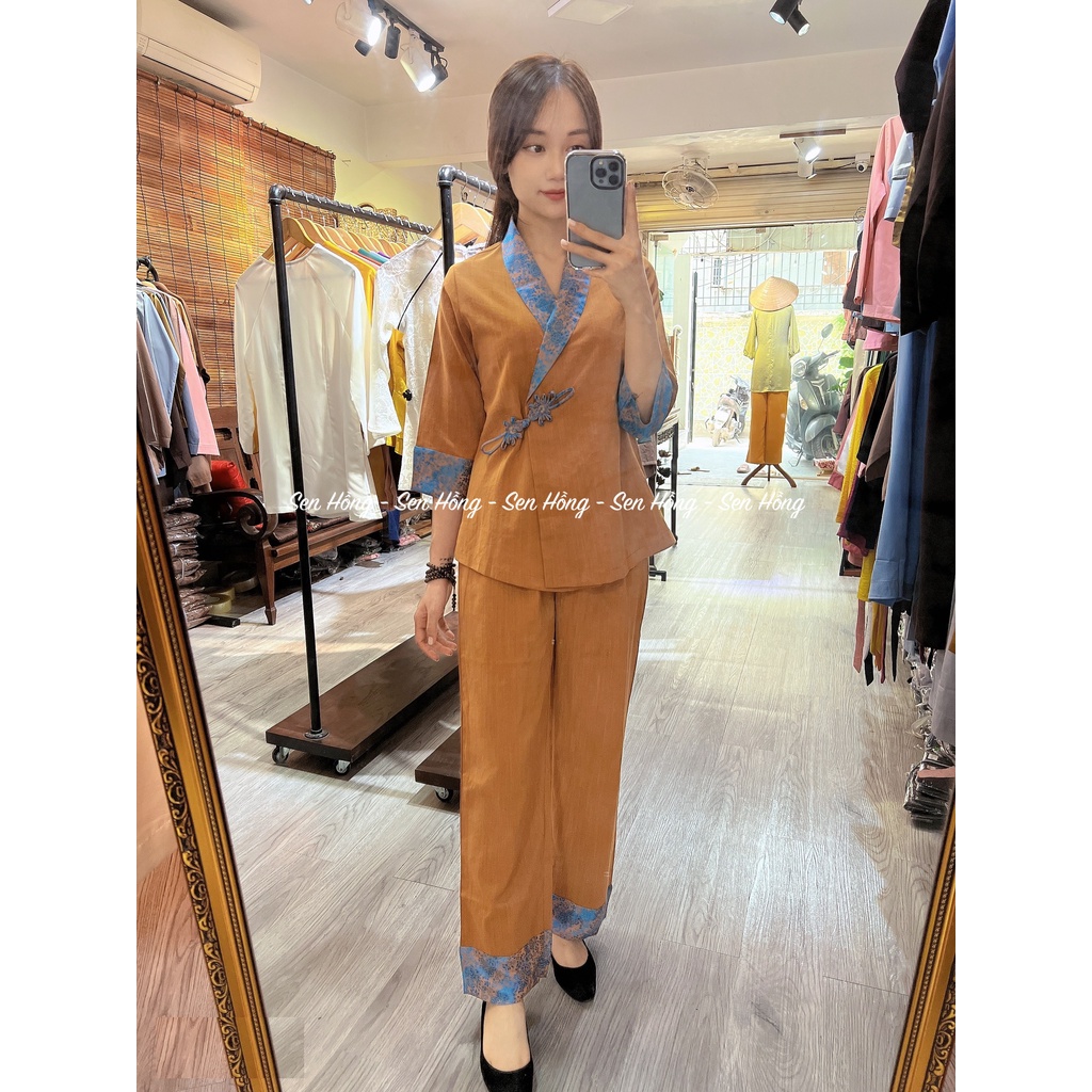 Bộ Phật tử đũi Nhật cái chéo Viền phối tơ tằm sang trọng - Đồ lam đi chùa thiết kế B11