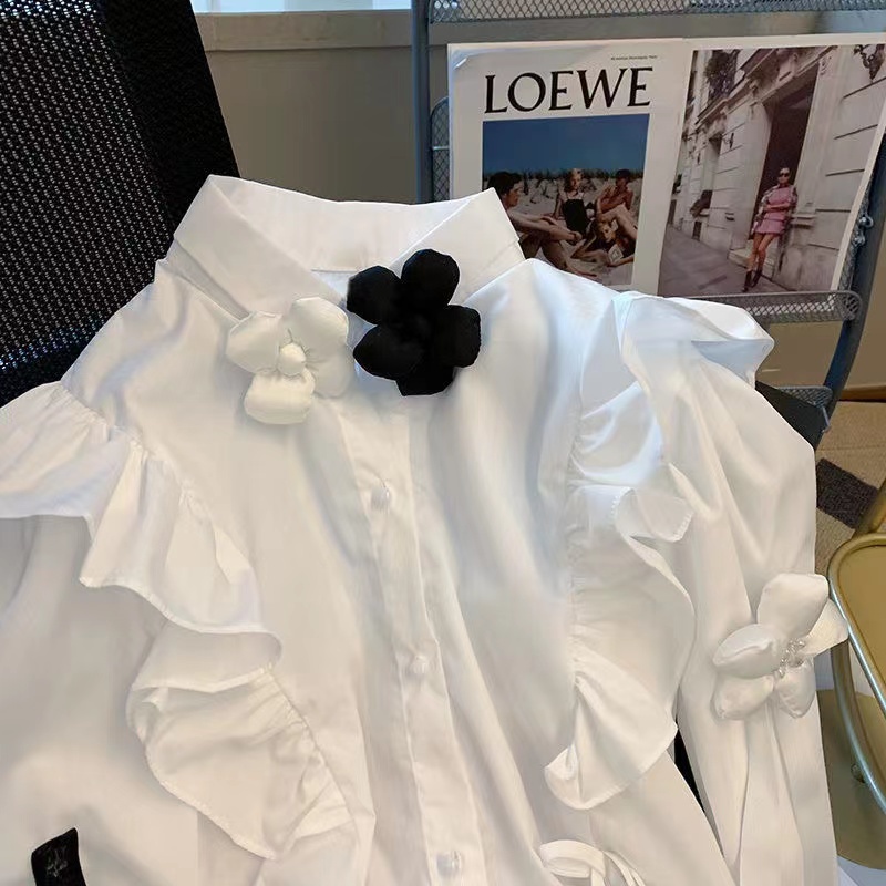 Áo Sơ Mi Trắng Tay Dài Cổ Bèo Dáng Rộng Phong Cách Hàn Quốc Thời Trang Cho Nữ