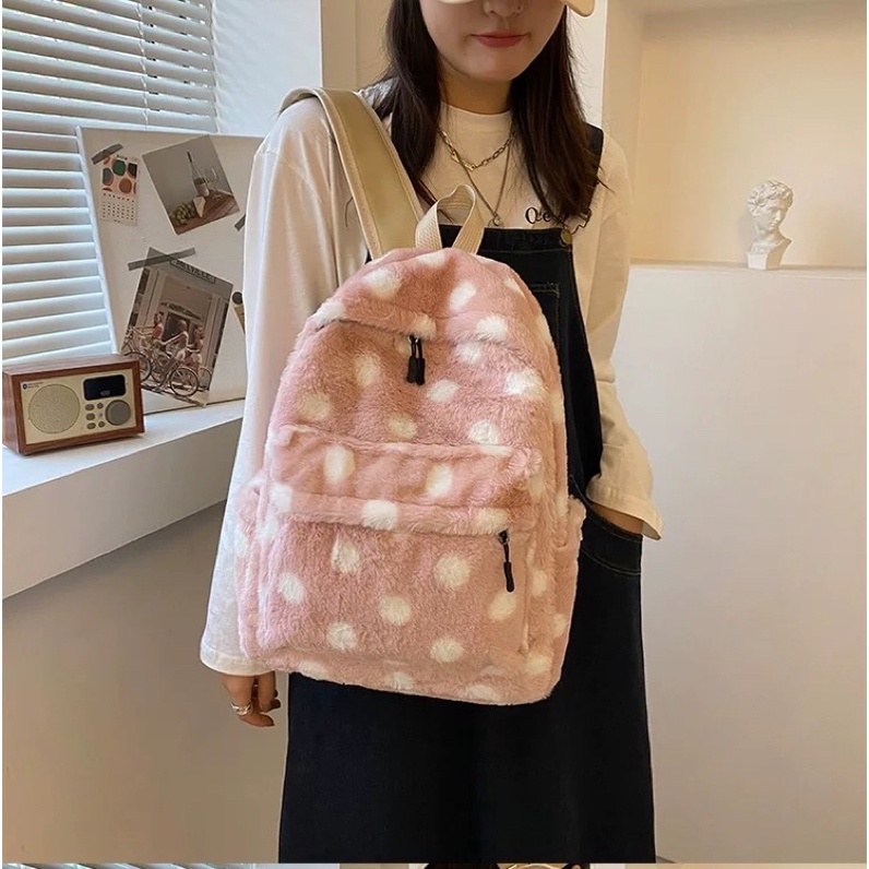 Balo lông thỏ hoạ tiết chấm bi trẻ trung
