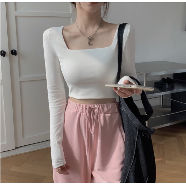 WANGJIAOZHAN Áo thun croptop dài tay cổ vuông màu trơn co giãn phong cách Hàn Quốc 3 màu lựa chọn