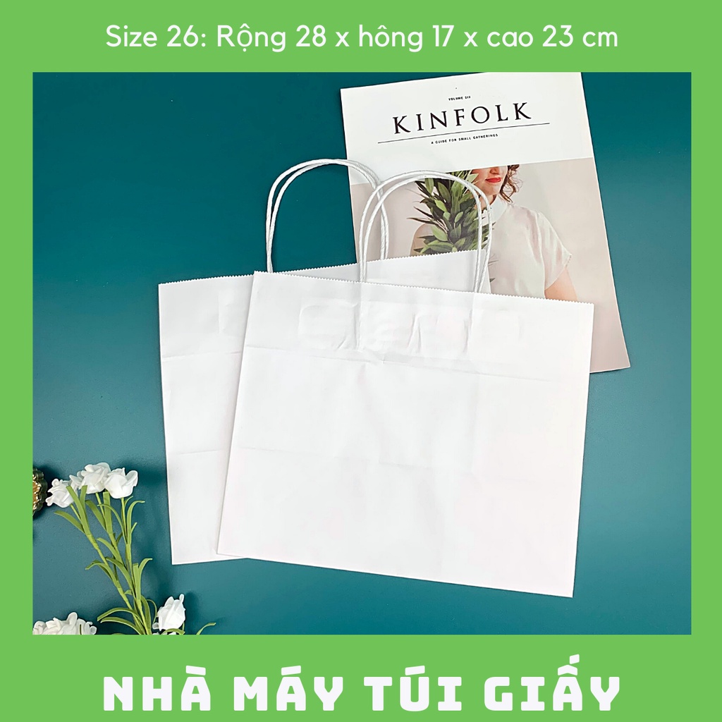 10 CHIẾC TÚI GIẤY KRAFT SIZE 26: 28x17x23 CM MÀU TRẮNG CÓ QUAI ( ẢNH THẬT)