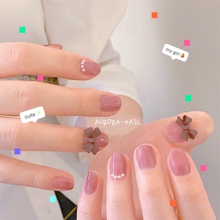 Set 24 nail giả Aurora màu hồng đất đính charm nơ nailbox móng tay giả tiện lợi có ảnh thật